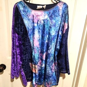 Vintage Kathryn Deene Velvet Purple Watercolor Long Sleeve Patchwork Top Tunic